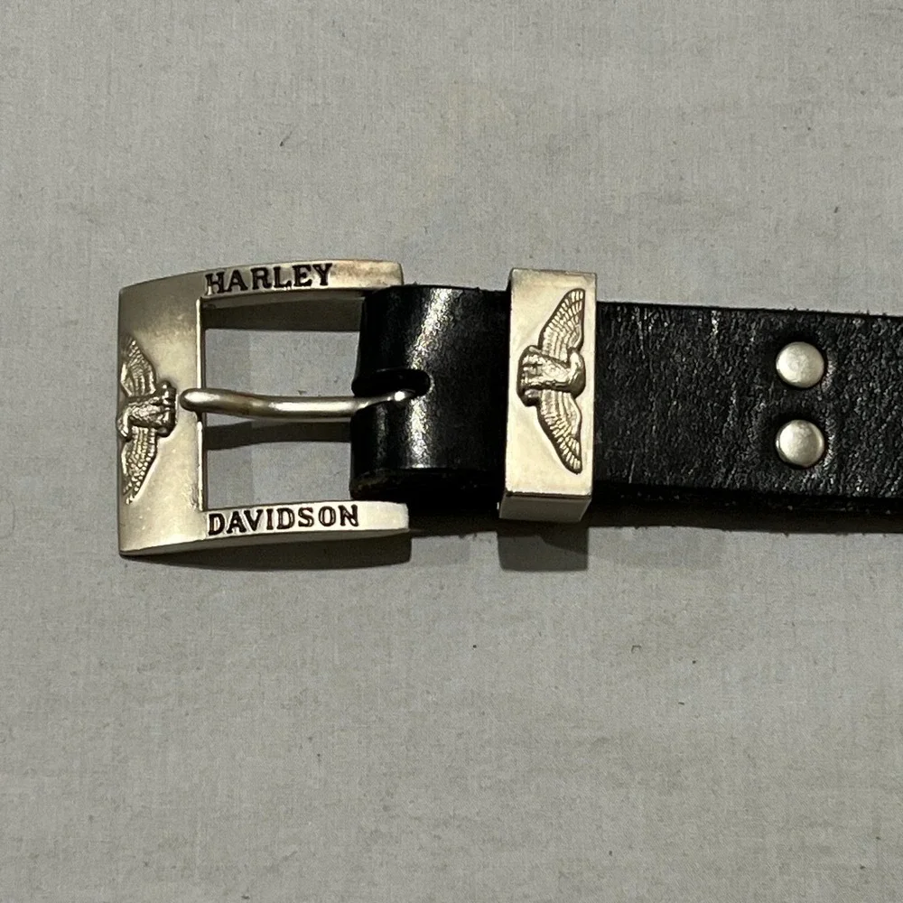 Vintage Harley-Davidson Mens Black Leather Screaming Eagle Silver Buckle Belt 36